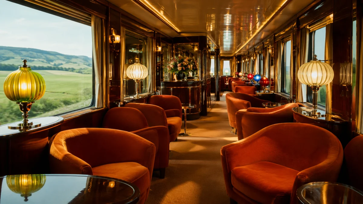 Interior de un salón del tren La Dolce Vita Orient Express con diseño italiano de los años 60, tonos tierra y lámparas de Murano