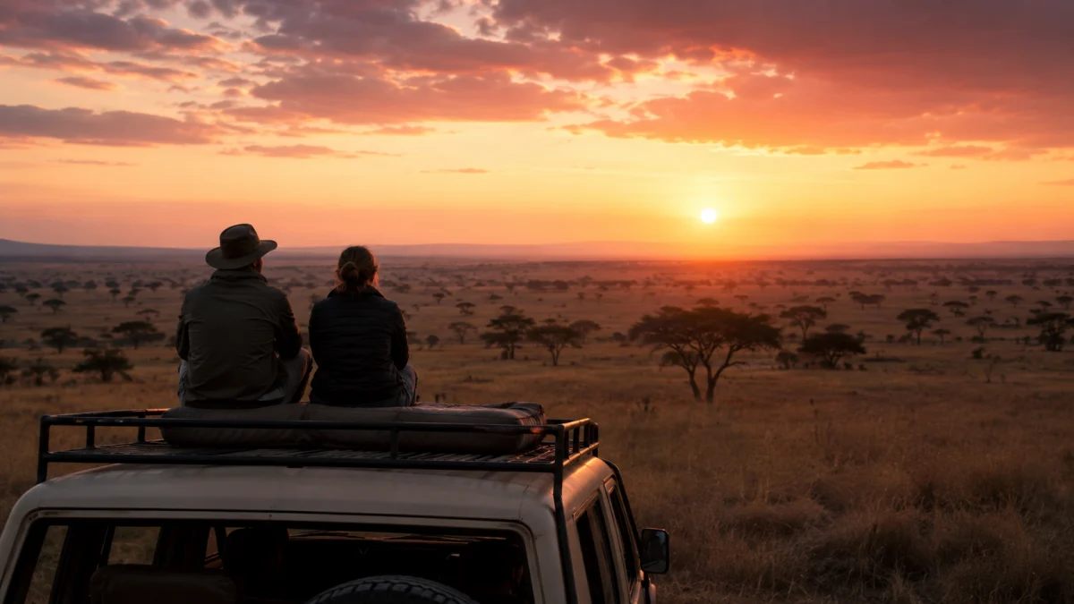 Pareja contemplando el amanecer sobre la sabana africana