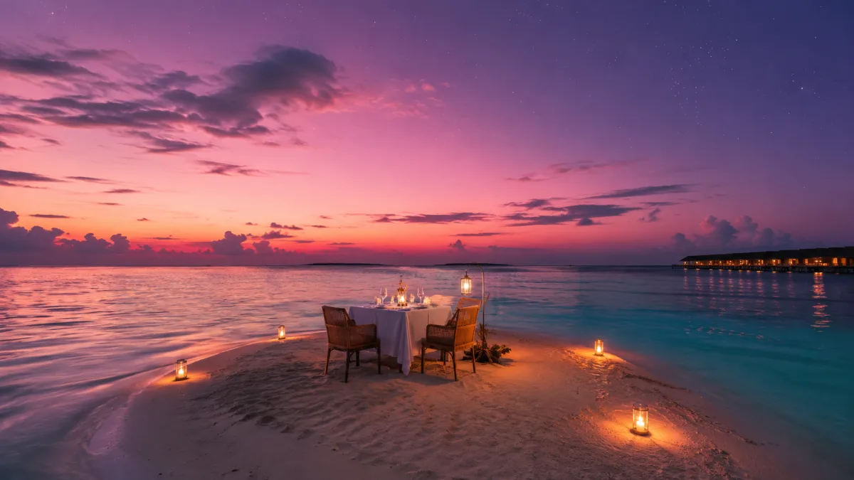 Cena privada con velas en un banco de arena al atardecer, Maldivas