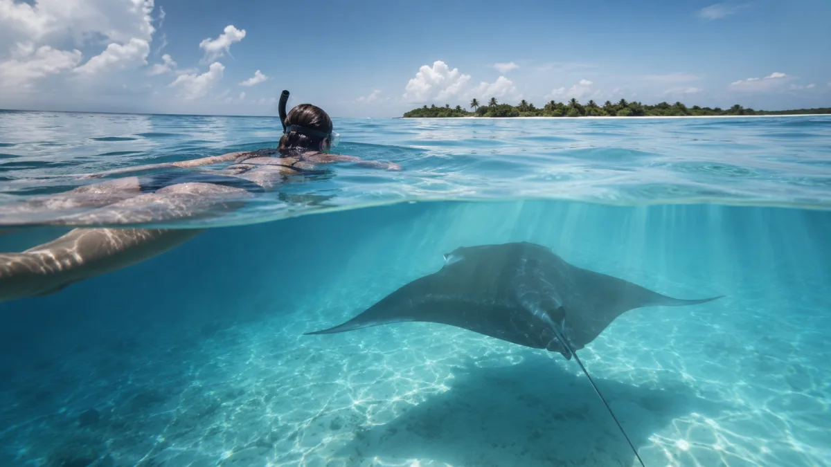 Snorkel con una mantarraya gigante en Hanifaru Bay, Atolón Baa, Maldivas