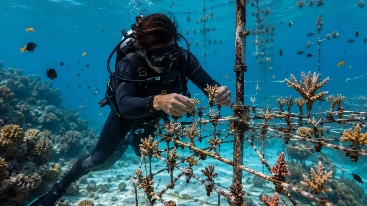 Buceador en un programa de restauración de coral en Maldivas