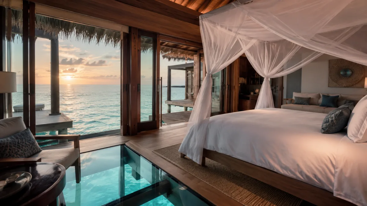Interior de una villa overwater de lujo con cama de dosel y suelo de cristal, Maldivas