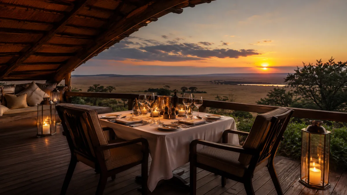 Cena privada con velas en la terraza de un lodge de lujo del Masái Mara al atardecer