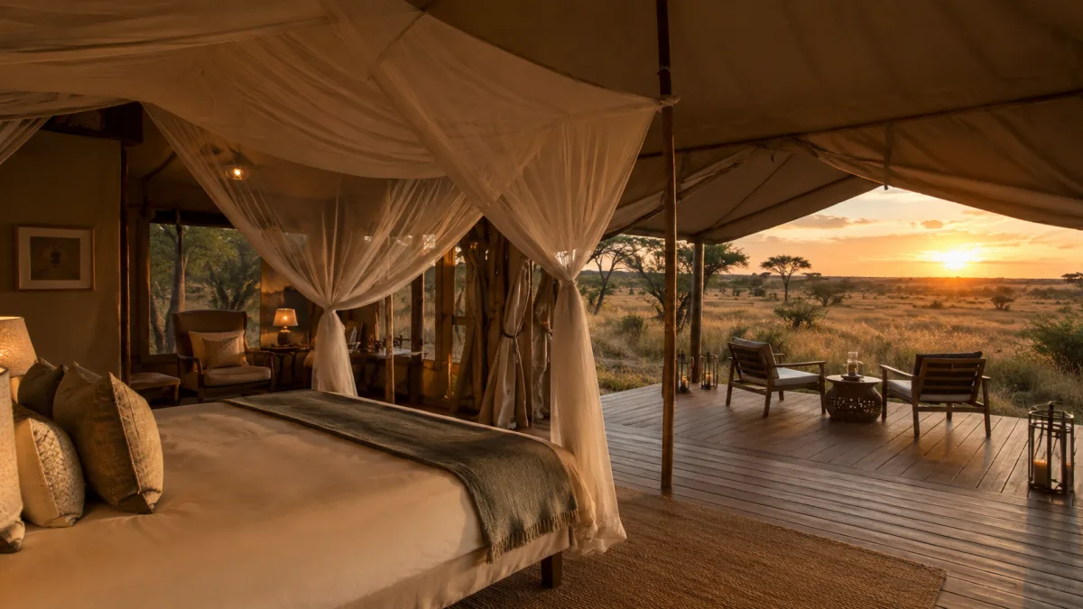 Interior de una tienda de safari de lujo con cama con dosel y terraza abierta a la sabana al atardecer