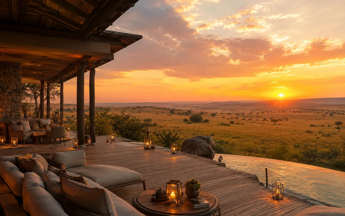 Terraza de un lodge de safari de lujo sobre la sabana africana al atardecer