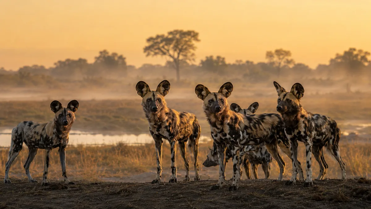 Manada de licaones al amanecer en las llanuras de Moremi, Botsuana