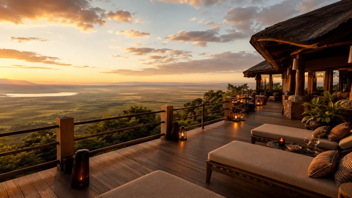 Terraza de un lodge en el borde del cráter del Ngorongoro al atardecer, Tanzania