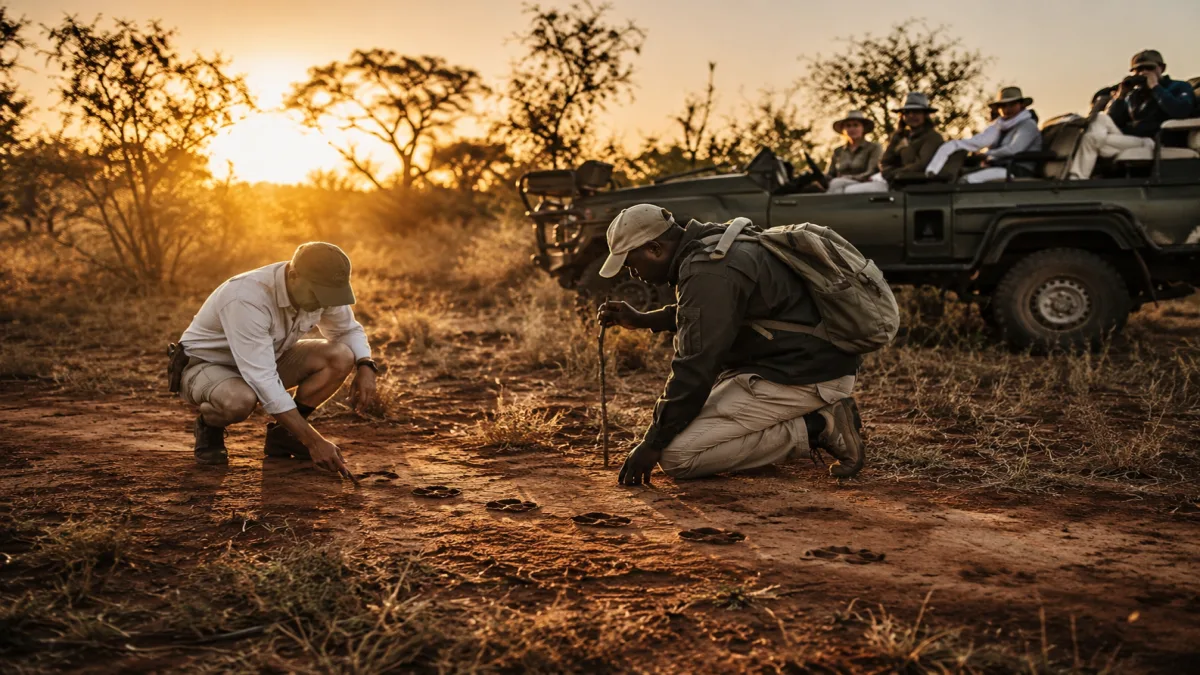 Guía y tracker rastreando huellas de leopardo con pasajeros observando desde el 4x4 al amanecer
