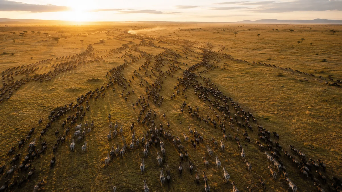 Vista aérea de manadas de ñus y cebras en la llanura del Serengeti durante la Gran Migración