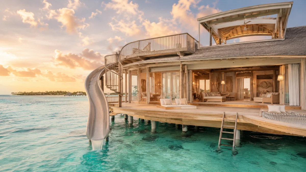 Terraza de una villa overwater de Soneva Jani con tobogán de madera curvado sobre el lagún turquesa de Noonu Atoll