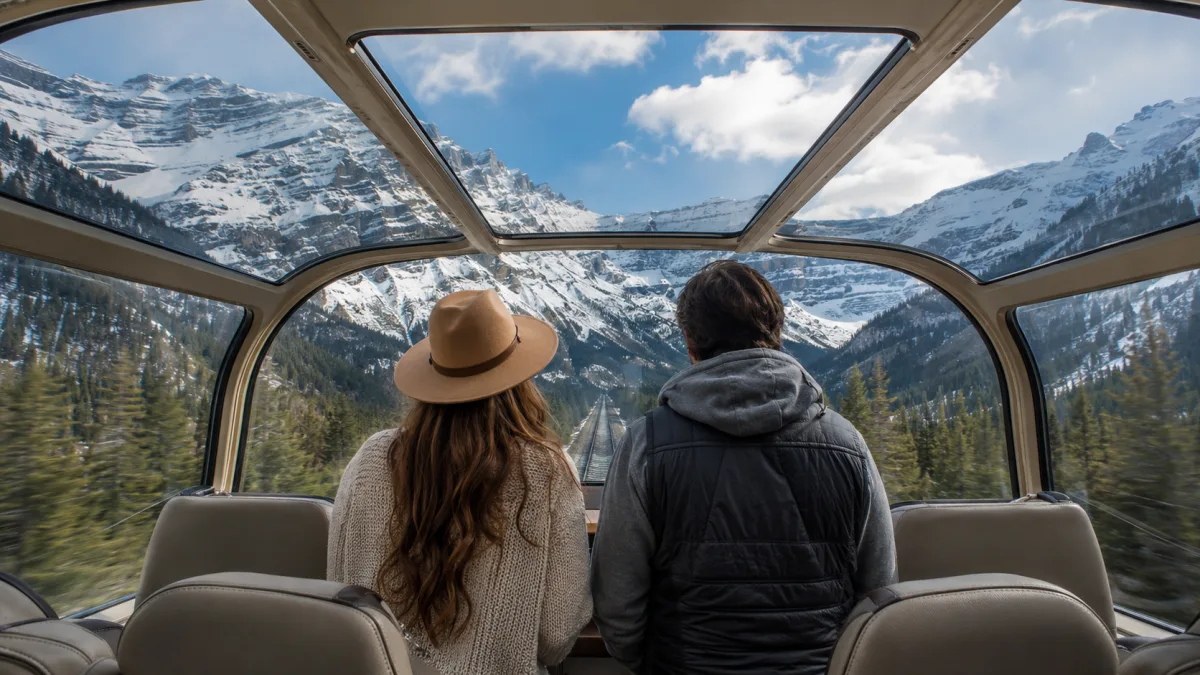 Vagón con cúpula de cristal panorámica ante un paso de montaña nevado